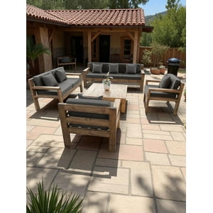 Terraza Rústica Miaruste Modelo Ambar 7 Cuerpos Color Madera Roble Cojinería Gris Oscuro V2