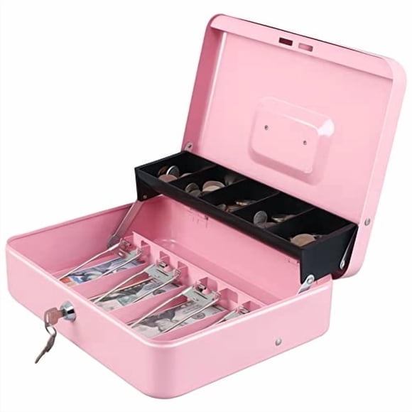Caja de efectivo xilada con bandeja para dinero y cerradura con llave, color rosa