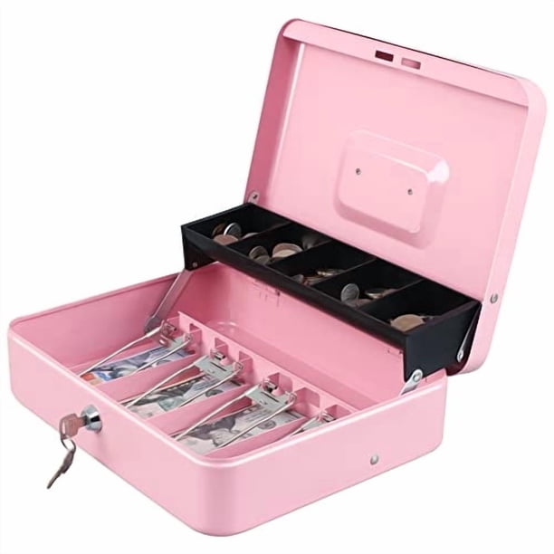 Caja de efectivo xilada con bandeja para dinero y cerradura con llave, color rosa