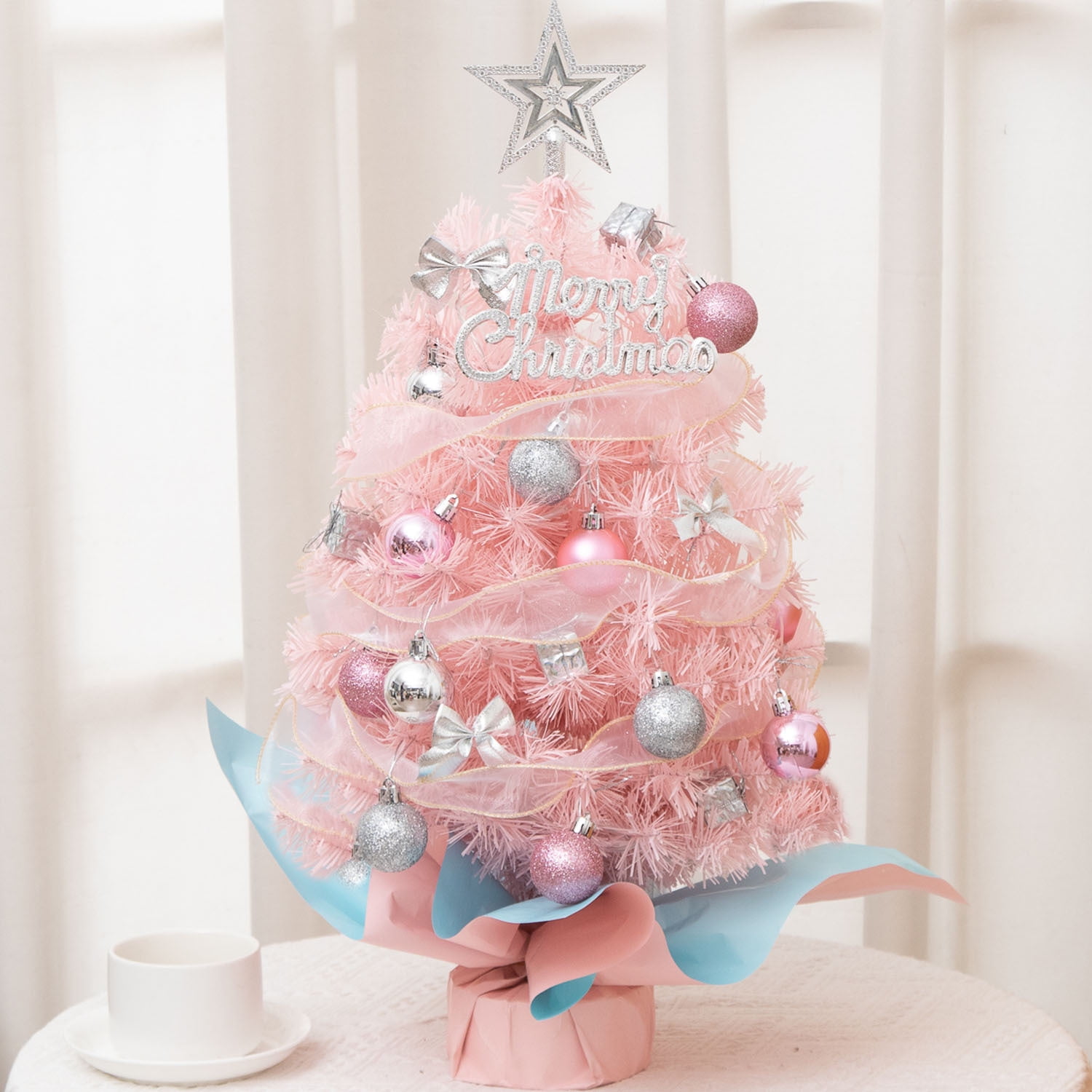 Xusx111 - Árbol De Navidad De Mesa Con Luces, 45 * 32cm Mini Árbol De Navidad Rosa Con Luz De Cadena De Estrellas Para Escritorio De Casa Decoración De Mesa De Navidad Rosa