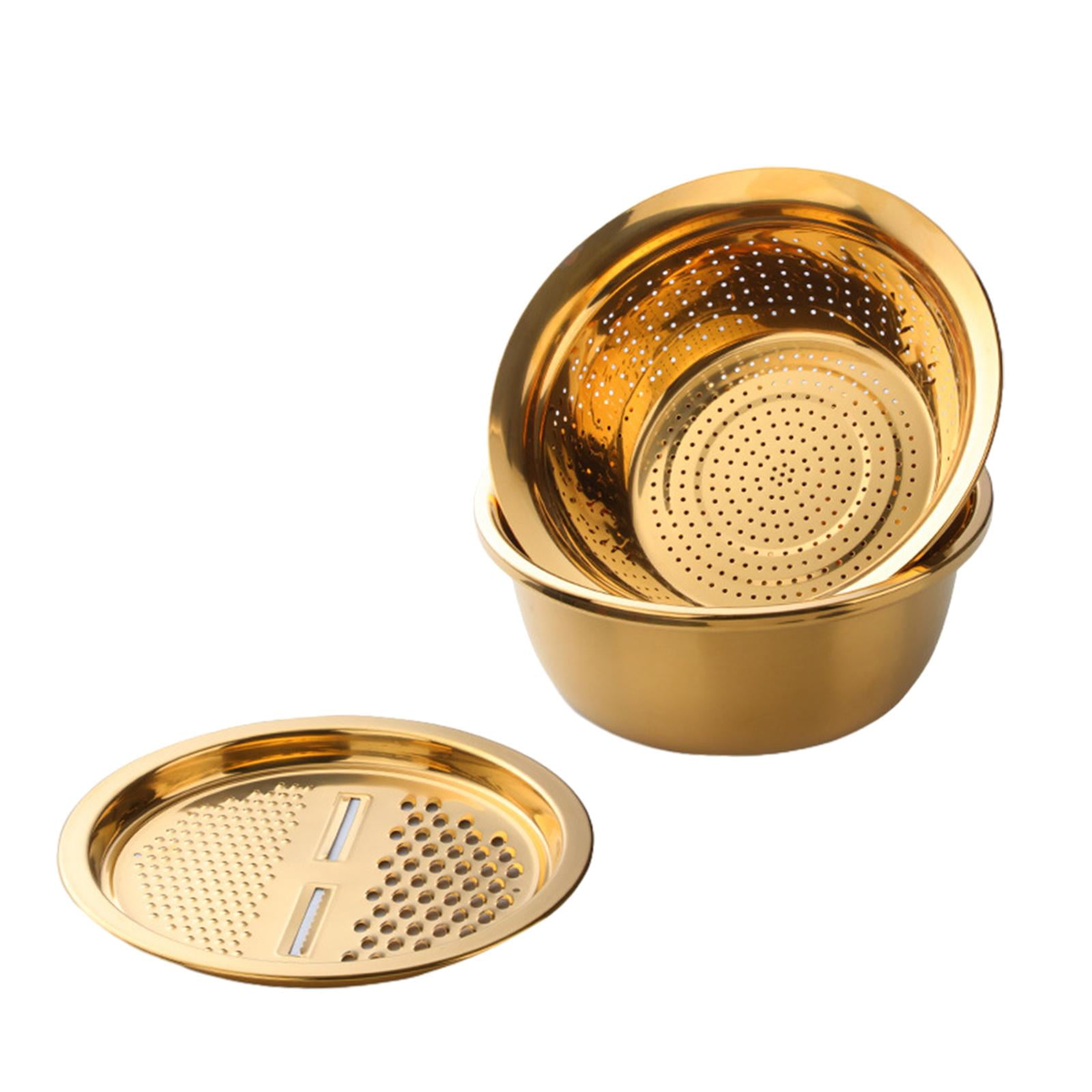 Magideal - Cuenco Para Hacer Ensalada De Verduras, Cesta De Arroz Portátil, Lavabo De Acero Inoxidable Con Rallador, Cortador De Verduras Para Frutas, 3 Piezas , Oro
