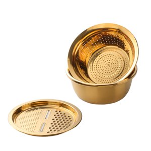 Magideal - Cuenco Para Hacer Ensalada De Verduras, Cesta De Arroz Portátil, Lavabo De Acero Inoxidable Con Rallador, Cortador De Verduras Para Frutas, 3 Piezas , Oro