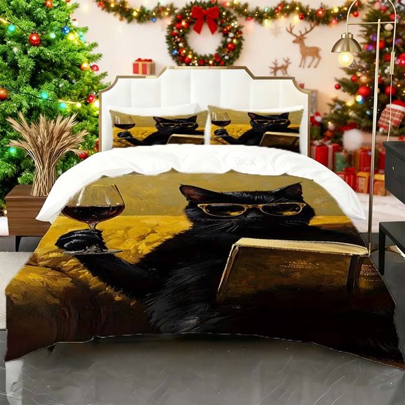 Black Cat Raising Wine Glass Printed Duvet Cover Set This Practical Set Features Soft and Comfortable Materials for a Cozy Sleeping Experience Suitable for Vari