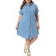 thumbnail image 5 of Vestido de mezclilla de mujer talla grande Agnes Orinda con cuello de solapa, mangas cortas, botones, dobladillo curvado, casual, línea A, midi, con bolsillos 2X azul cielo, 5 of 8