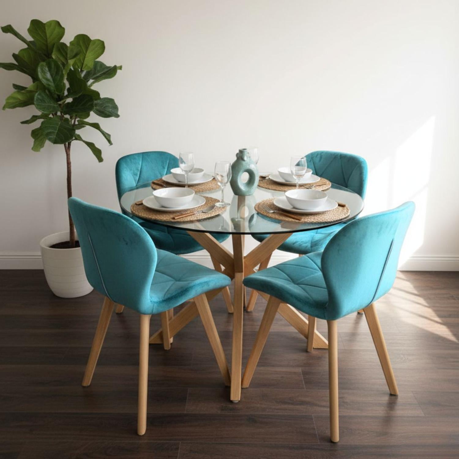 Pandalino - Comedor Mesa Redonda Equiz 100cm + 4 Sillones Rubik Velvet Bondi