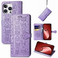 Funda Cartera Foxdock Para Iphone 16 Pro , Flip Pu Con Relieve De Gatos Y Perros, Tarjetero Y Soporte