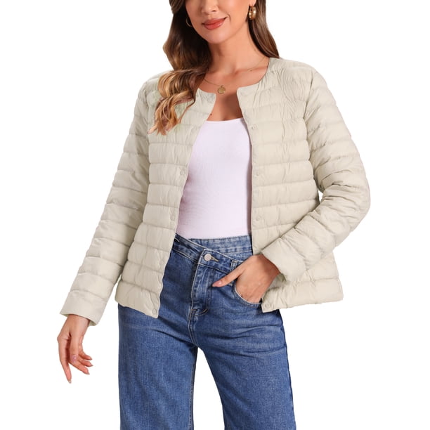 INSPIRE CHIC Chaqueta de Plumas para Mujer Ligera con Botones Abrigo de Manga Larga S Beige