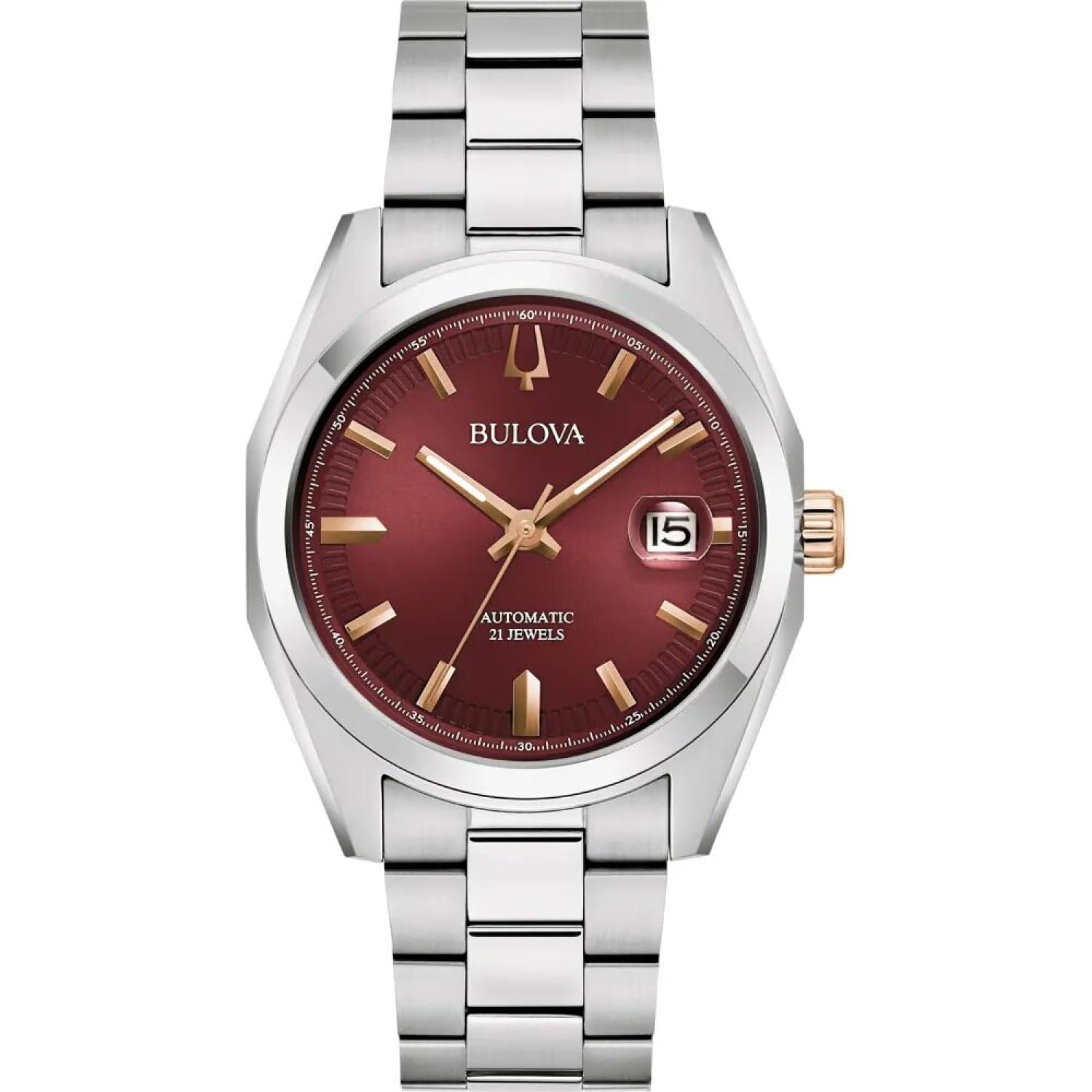 Reloj Bulova 98b422 Automático De Acero Inoxidable Color Burdeos De 39 Mm
