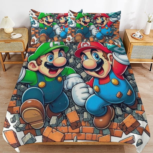 Super Mario 3-Piece Comforter Set for Bedroom Super Mario Bedding Set for Kids Adults Soft Microfiber Duvet Cover Set with Zipper Closure