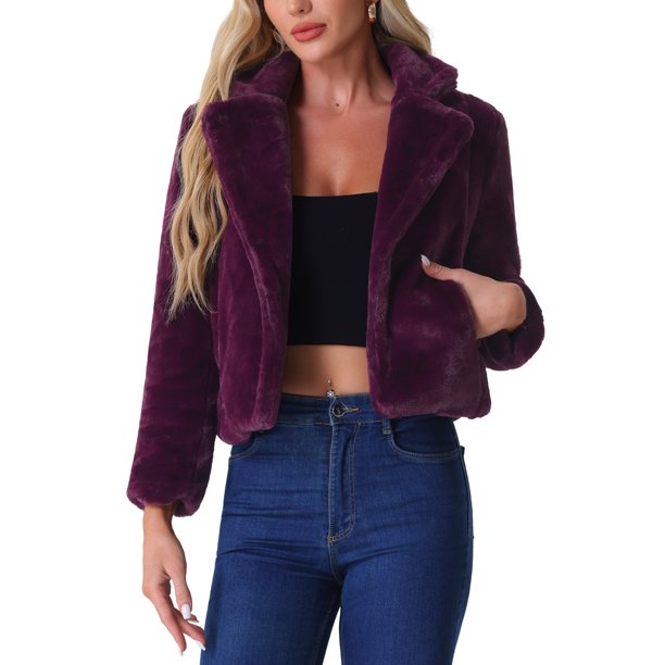 INSPIRE CHIC Chaqueta de Piel Recortada para Mujer Solapa Cardigan Esponjoso Bolero 2026 Invierno Abrigo Corto de Piel Sintética Conjuntos L Púrpura Oscuro
