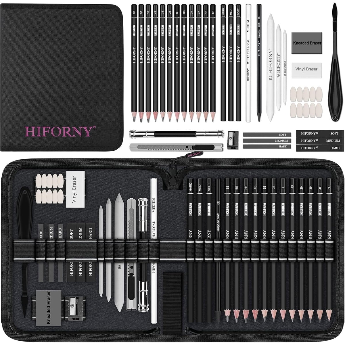 Set De Dibujo Hiforny 42 Piezas Kit Grafito Y Carban
