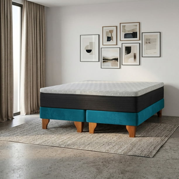 Cama Europea New Top Colchon Resortes 23 Cm 2 Plazas Base Dividida Tela Velvet Azul Petroleo