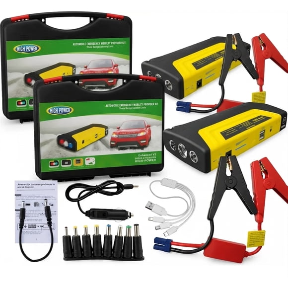 Arrancadores Set De 2  Portatiles Para Bateria De Auto 12V Power Bank Cargador Rapido De Celulares Kit De Auxilio Mecanico Con Pinzas Maletin Rigido Doble Para Flotas O Regalo FIGOIMPORT
