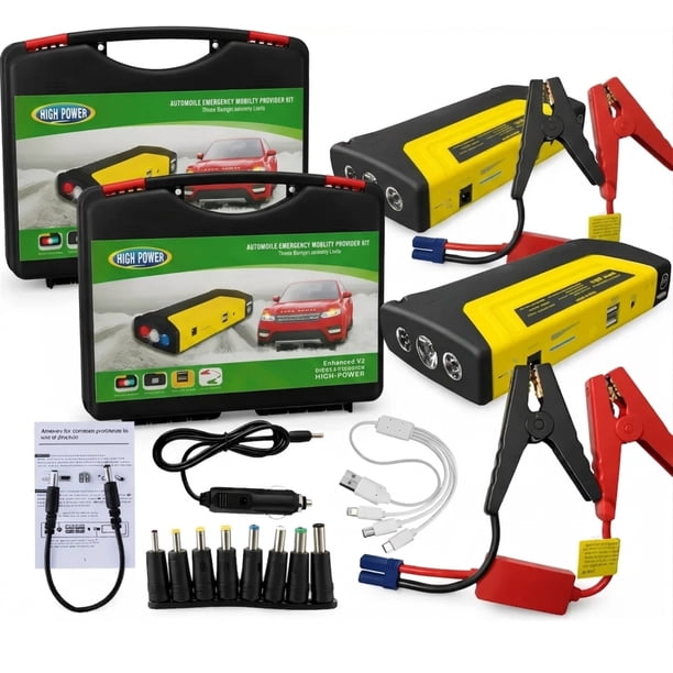 Arrancadores Set De 2 Portatiles Para Bateria De Auto 12V Power Bank Cargador Rapido De Celulares Kit De Auxilio Mecanico Con Pinzas Maletin Rigido Doble Para Flotas O Regalo FIGOIMPORT