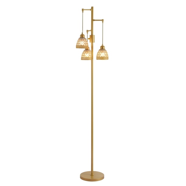 taotanra Lámpara de pie vintage de 3 cabezas con cuentas de cristal, lámpara industrial de metal ajustable para colgar, para salón, dorada