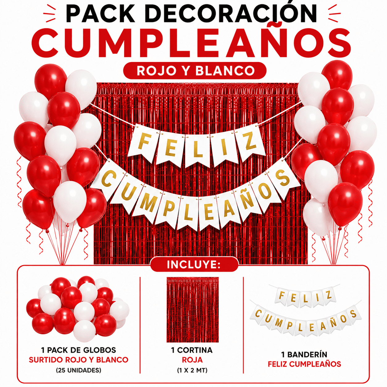 Genérico - Pack Decoracion Cotillon Rojo - Blanco