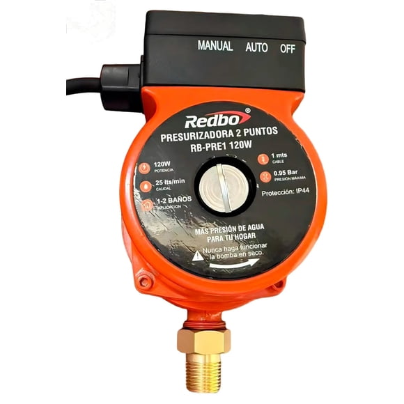Bomba Presurizadora de Agua Redbo RB-PRE1 120W (Automática, 2 Puntos, 0.95 Bar, 25 L/min)