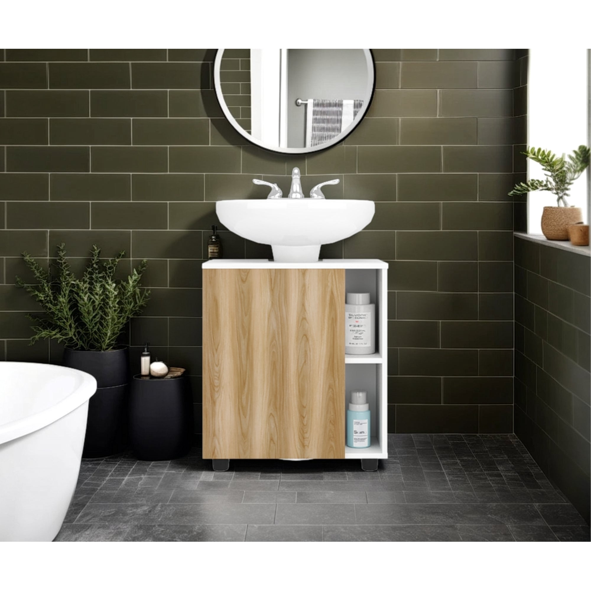 Tuhome - Mueble Para Lavamanos Pascuale 1 Puerta Blanco Y Fresno