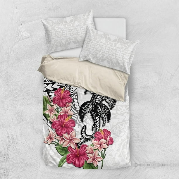Juego de cama blanco con estampado tribal de tiburón martillo de Polinesia LT05