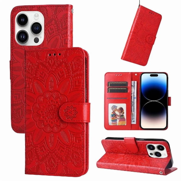 Funda tipo cartera FOXDOCK para iPhone 15 Pro , diseño girasol en relieve, cuero PU, cierre magnético, soporte y tarjetero