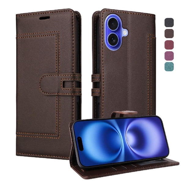 Premium Wallet Case for iPhone 16 with Card Slots & Kickstand, Flip Cover Brown