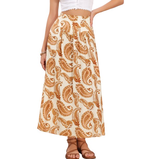 INSPIRE CHIC Falda Midi Floral para Mujer Verano Cintura Alta Boho Estampado Paisley Línea A Cremallera Faldas de Moda XL Beige Naranja