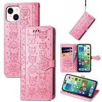 Funda Cartera Foxdock Para Iphone 14 Plus , Flip Pu Con Relieve De Gatos Y Perros, Tarjetero Y Soporte