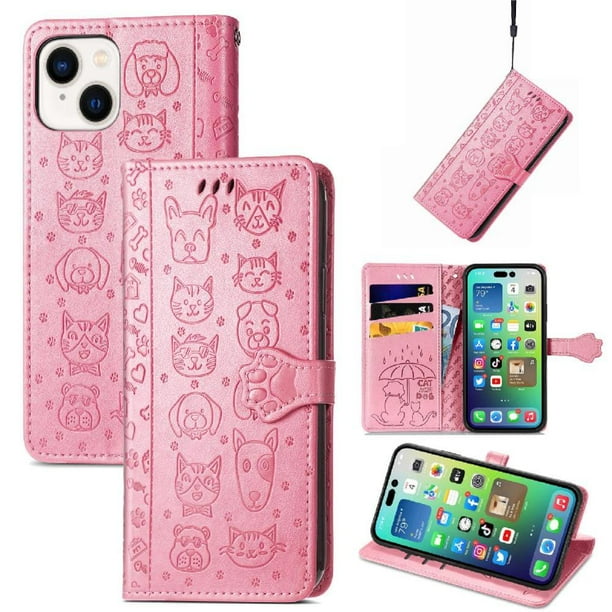 Funda Cartera FOXDOCK para iPhone 14 Plus , Flip PU con Relieve de Gatos y Perros, Tarjetero y Soporte