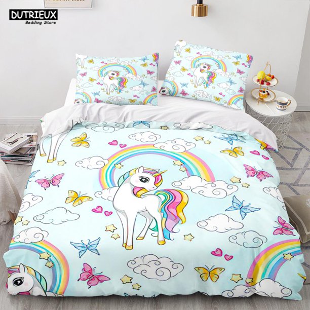 v764 Bed Sheets Cartoon Rainbow Unicorn Bedding Set Unicorn Sets Single Double Queen Twin Full Size Duvet Cover Kids Girls Child Soft Bed Linen 3-Piece Bedding Set (1 Duvet Cover + 2 Pillow Shams) Bed