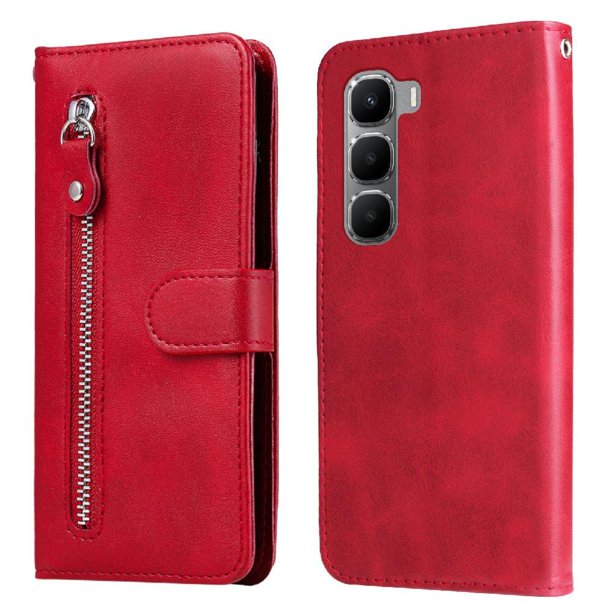 Funda tipo cartera para Infinix Hot 60i 4G con bolsillo con cremallera y ranuras para tarjetas – Función de soporte Rojo