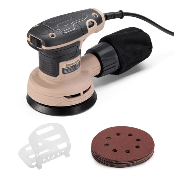 Lijadora Orbital Aleatoria WOODSTARTER de 5 Pulgadas, 2.6Amp 320W Velocidad Variable (8000–13000RPM) para Madera y Metal, Baja Vibración, Aspas de Aluminio, 15 Lijas, Bolsa para Polvo Incluida