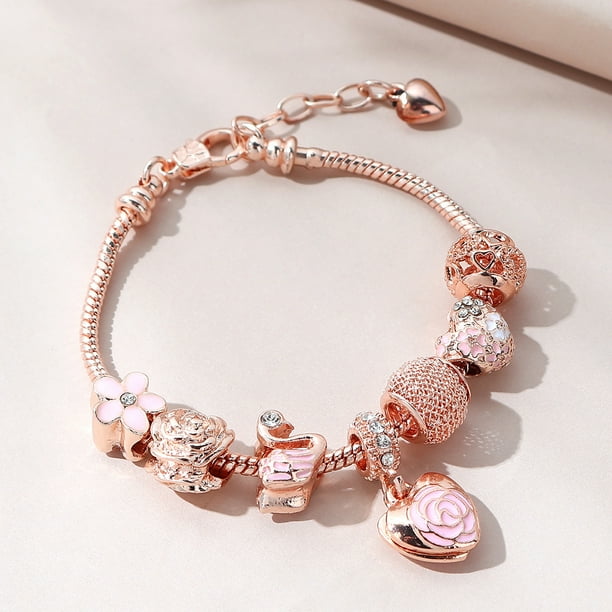 Gorgeous Rose Gold Flower Swan Charm Bracelet - DIY Beaded Copper Bracelet - Perfect for DIY Jewelry Lovers!