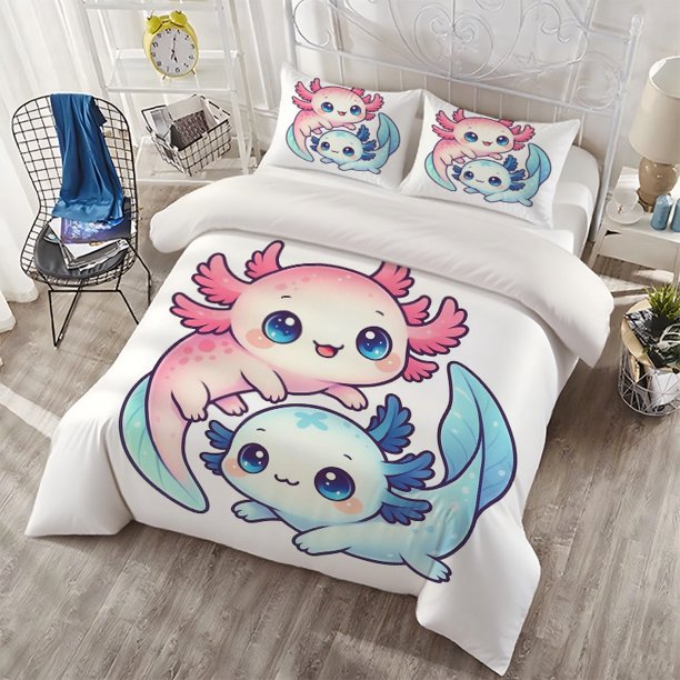 3pcs Cartoon Axolotl Printed Bedding Set Light Beige-Friendly Polyester Fabric
