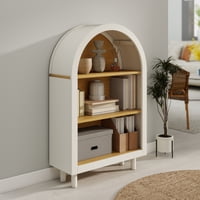 M&Ms - Arched Small Bookcase,Arched Storage Cabinet,Wooden Modern Arched Top Bookshelf With 3 Shelves,White With Woodgrain Shelves, 3-Tier Storage Shelf For Living Room, Bedroom, Entryway