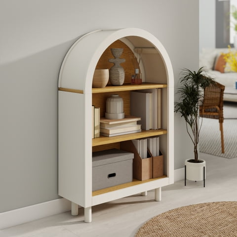 M&Ms - Arched Small Bookcase,Arched Storage Cabinet,Wooden Modern Arched Top Bookshelf With 3 Shelves,White With Woodgrain Shelves, 3-Tier Storage Shelf For Living Room, Bedroom, Entryway