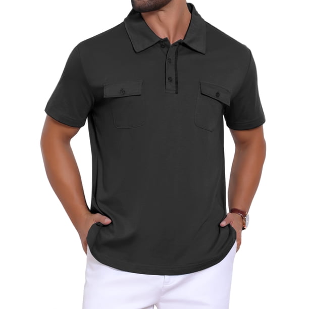 INSPIRE CHIC Camisa Polo para Hombre de Regreso a Clases con Cuello, Manga Corta, Doble Bolsillo en el Pecho, Exterior, Talla XL, Negro