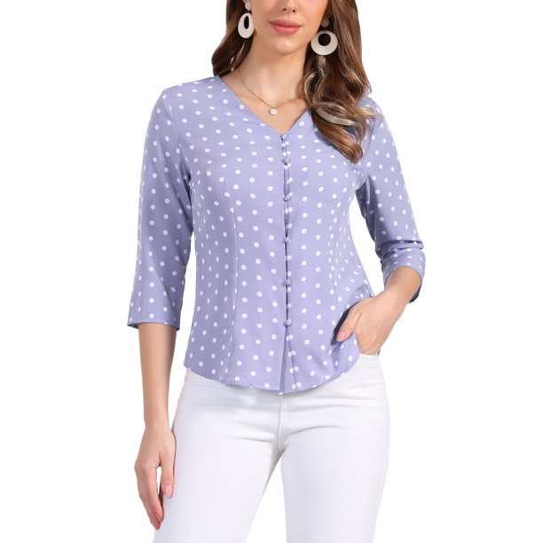 INSPIRE CHIC Blusa de Mujer Cuello en V Mangas 3/4 Estampado de Corazones y Lunares Botón Frontal Top Púrpura Polvoriento M