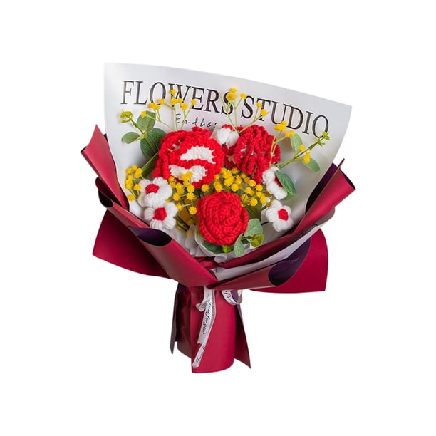 Ramo de crochet, flores de punto hechas a mano, flores artificiales, ya hechas para el día de San Valentín, festival, acción de gracias, novia, Rojo