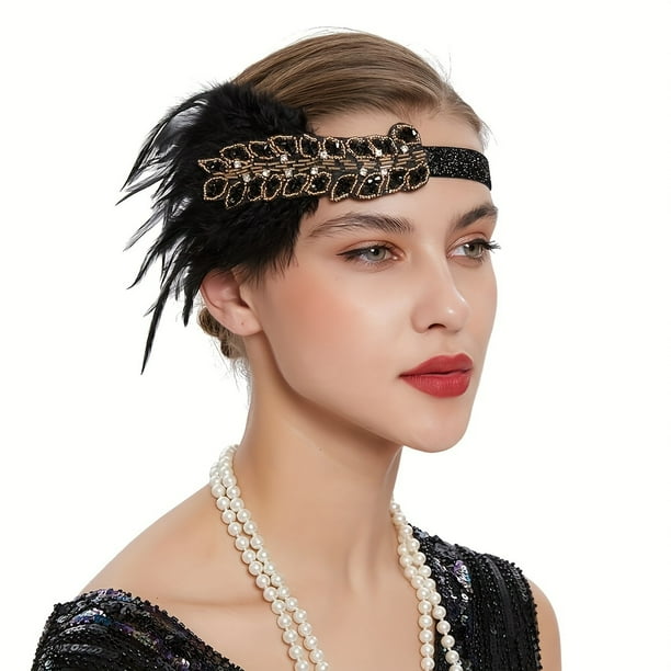 1920's Vintage Faux Feather Headband Black Rhinestone Decor Head Ring Party Evening Ladies Headpiece