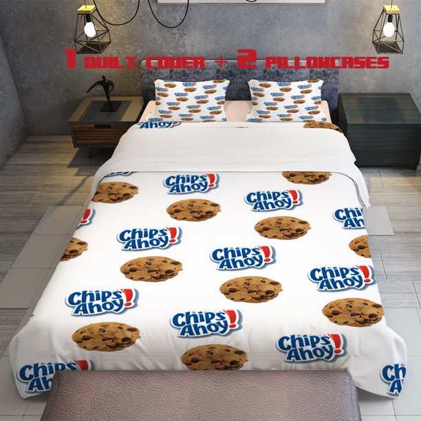 3Pcschips Ahoy! Chocolate Cookies Background Pattern Theme Print Three Piece Bedding Set Soft Quilt Cover And Two Pillowcases