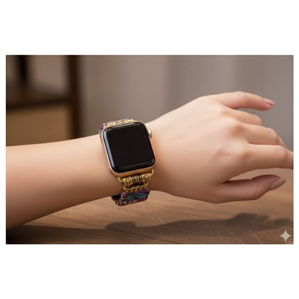 Correa Elástica Piedras Naturales para Apple Watch 42/44mm Diseño Bohemio Gemas Emperador Multicolor para uso diario
