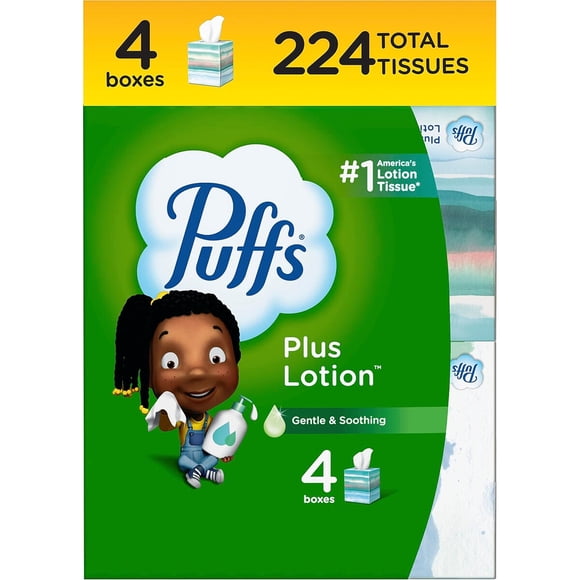 Puffs Plus Lotion Facial Tissue, 4 cajas cúbicas, 56 pañuelos cada una