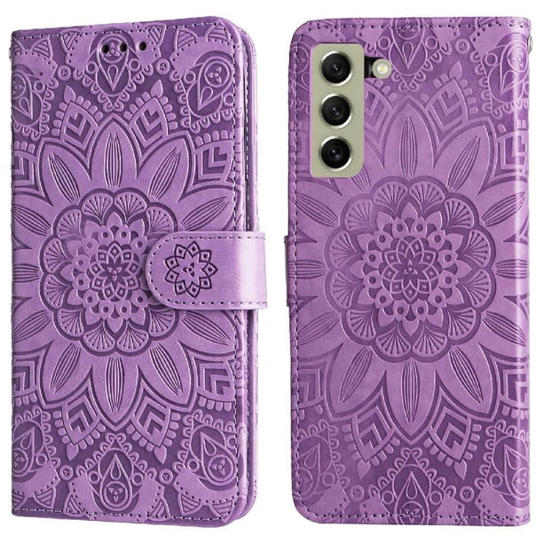 Funda tipo cartera FOXDOCK para Samsung Galaxy S21 FE , diseño girasol en relieve, cuero PU, cierre magnético, soporte y tarjetero