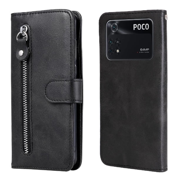 Funda con Cremallera para Xiaomi POCO M4 PRO 4G, Carcasa Cartera de Cuero PU con Soporte y Tarjetero