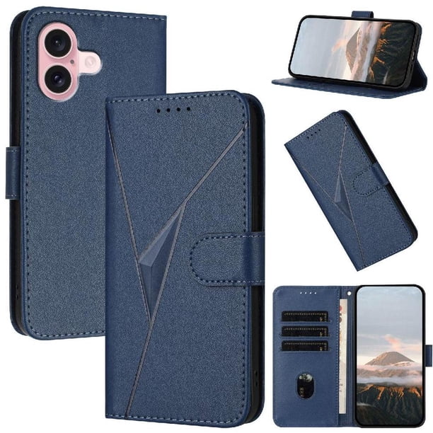 Funda Cartera Fibra de Carbono para iPhone 16 con Soporte y Cierre Magnético Azul