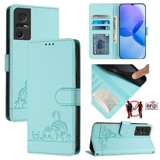 Funda tipo cartera FOXDOCK para TCL 40 SE con soporte, ranuras, RFID, diseño de gato