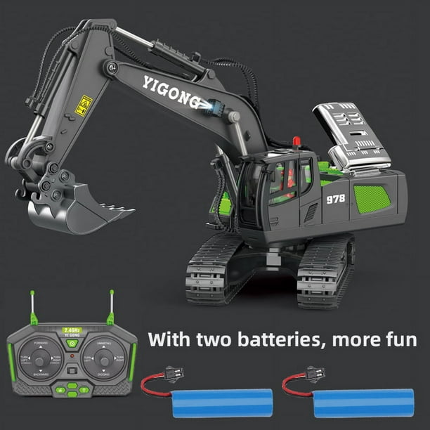 2.4Ghz Remote Control Excavator 2 Batteries Toy Metal Shovel ,11 Channel RC Construction Bulldozer Vehicles Digger Toys Gift With Light And Sound for 6 7 8 9 10 Years Old Kids Boys