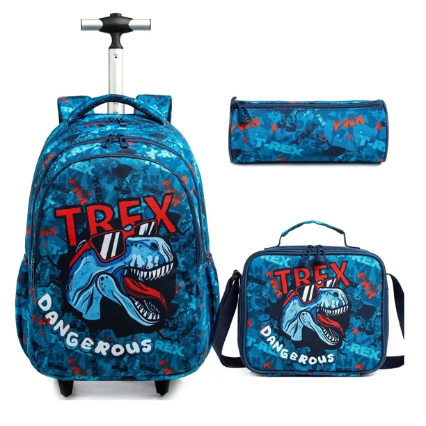 Girls School Backpack Child Wheeled Bag Set for Boys Roller Bag Rolling Luggage School Trolley Backpack with Lunch Bag Insulated