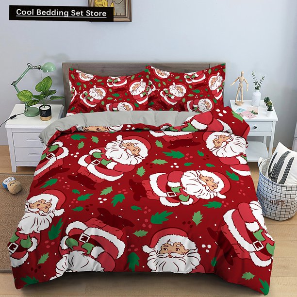 Red Christmas Duvet Cover Cartoon Santa Claus Bedding Set for Kid Boy Girl Happy Holiday Polyester Quilt Cover Bed Sheets
