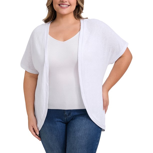 GRACE & GRANDEUR Cárdigan de mujer talla grande, abierto al frente, mangas cortas, ajuste holgado, tejido de punto, dobladillo curvado, 4X blanco